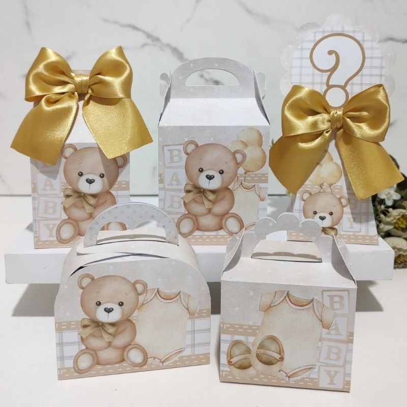 Kit Festa Chá Revelação Ursinho dourado caixinhas personalizadas Lembrancinhas Personalizadas PEGUE E MONTE