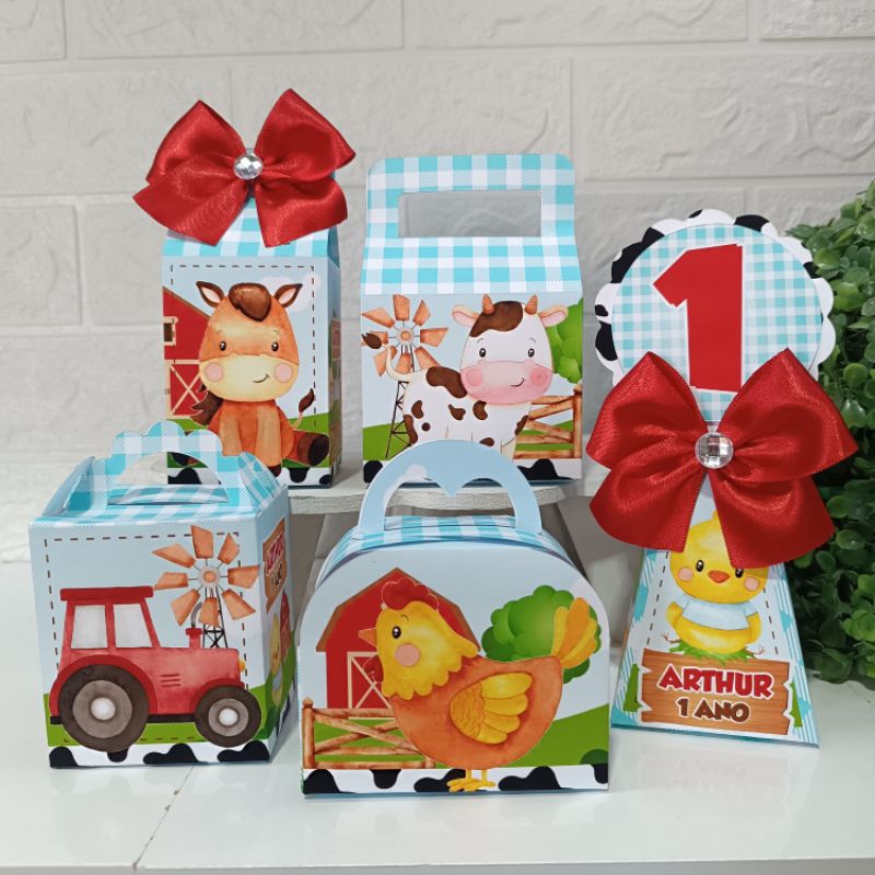 kit festa fazendinha vermelha e azul/ Caixas caixinhas personalizadas / lembrancinhas para aniversário