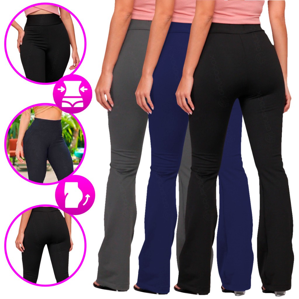 KIT 2 Calças Flare Promoção Bailarina Boca de Sino Suplex Cintura Alta Modela Empina Bumbum