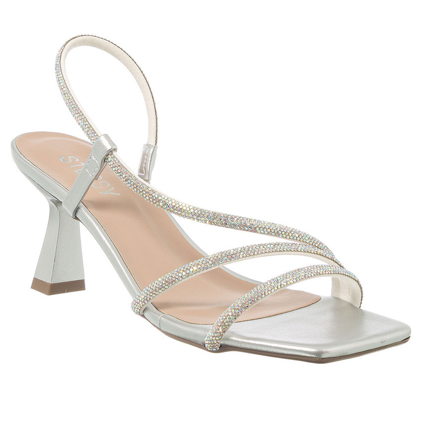 Sandália Feminina Stessy Bico Quadrado Salto Taça Baixo Strass Brilho Elegante Festa Confortável