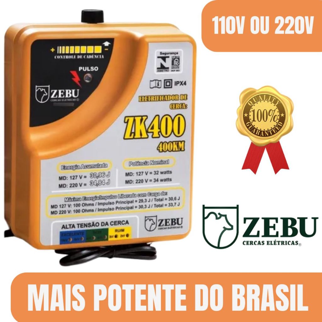 Eletrificador Choque Cerca Elétrica Rural Zebu 400km Zk400 35 Joules