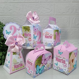 Caixinhas Personalizadas Jardim Encantado Borboleta - Kit Festa - Lembrancinha - Aniversário caixa milk e pirâmide cone