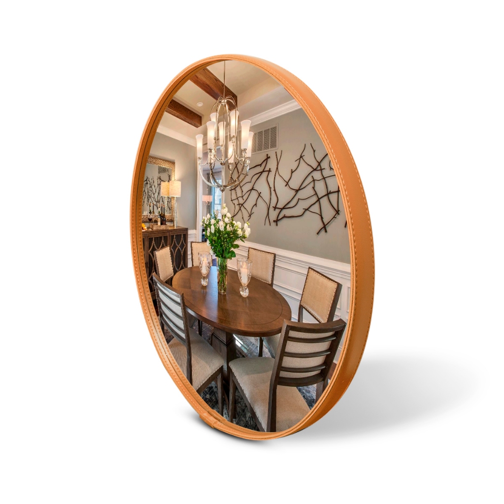 Espelho Adnet Redondo Couro Costurado Decorativo + Suporte Fixação 30cm Sala Quarto Banheiro Hall