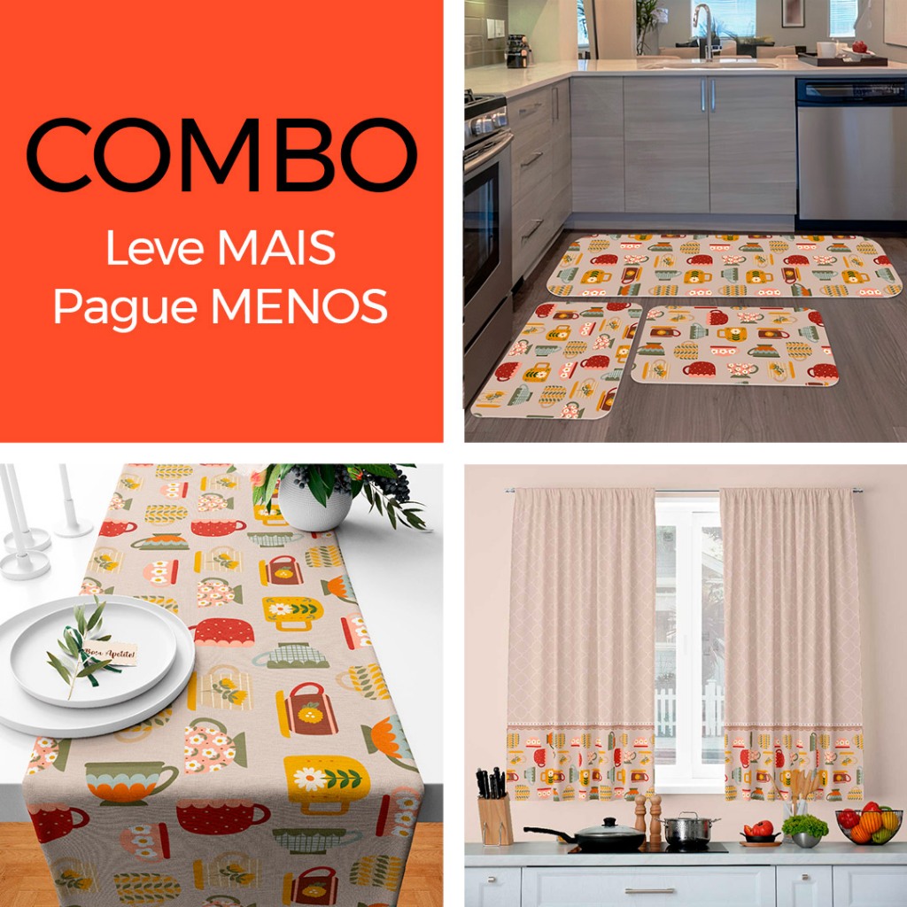 COMBOS - Cortinas + Kit com 3 Tapetes para Cozinha + Trilho de Mesa - Xícaras