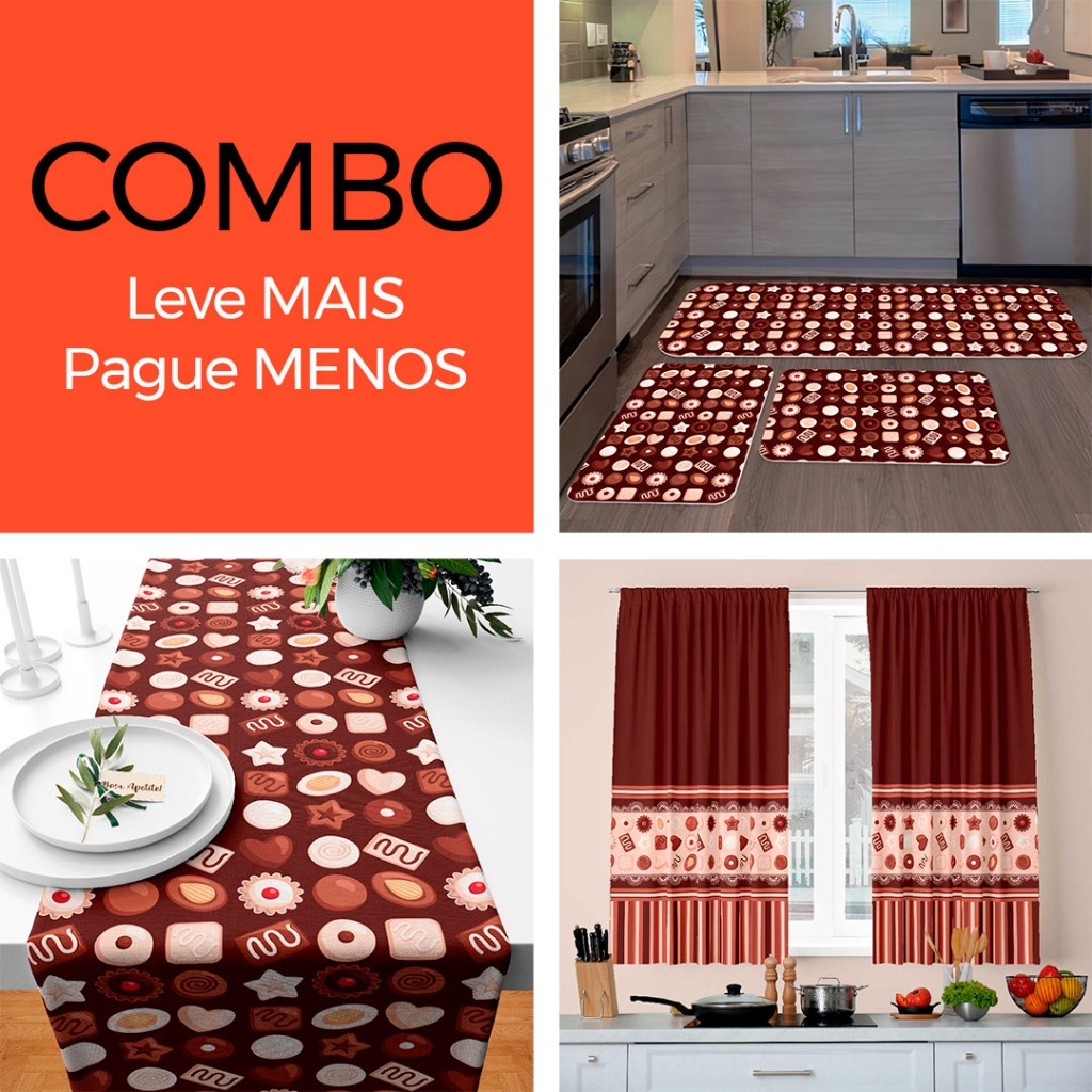 COMBO - Cortinas Decorativas + Kit com 3 Tapetes para Cozinha + Trilho de Mesa - Chocolates