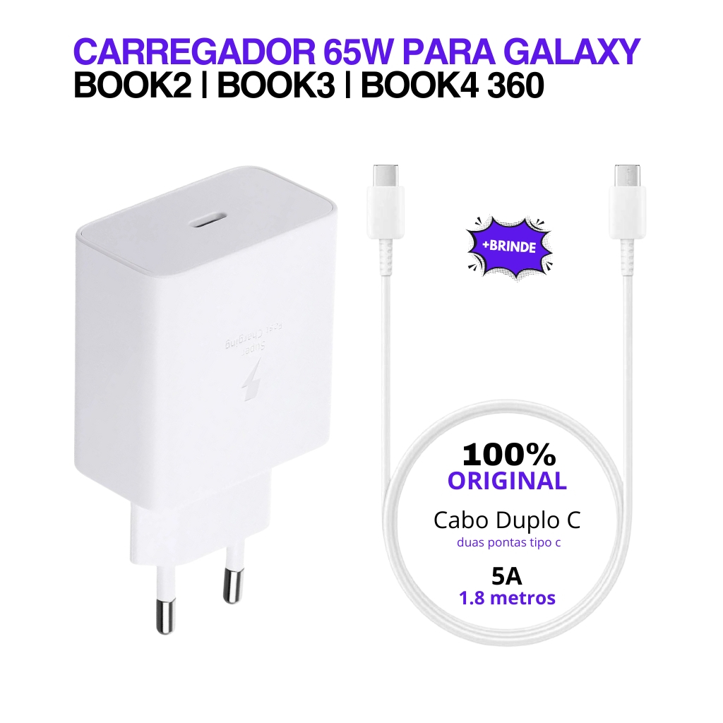 Carregador Original Samsung 65w Galaxy Book2 Book3 Book4 360 Notebook Super Rápi