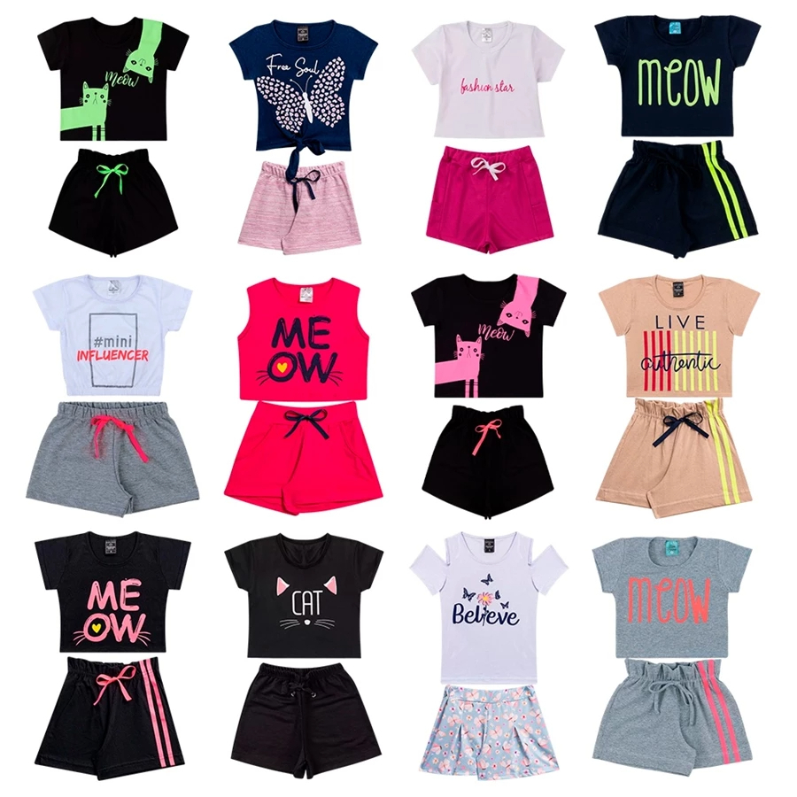 Kit Sortido 12 Peças de Roupas Infantil Menina 6 Blusas + 6 Shorts  Kit com 6 Conjuntos Menina