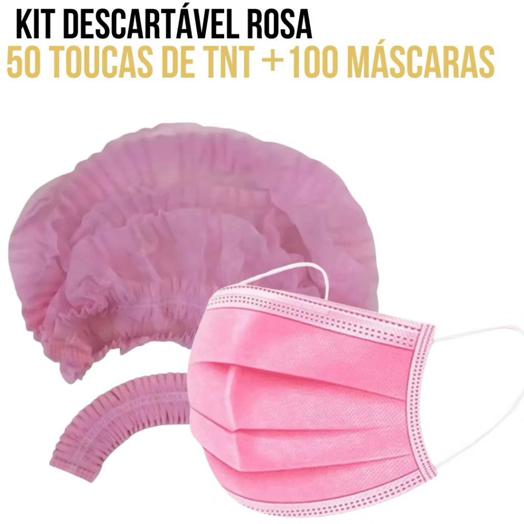 Kit 50 Touca Descartável TNT + 100 Máscara Descartável c/ Tripla Camada + Proteção | TUDO ROSA