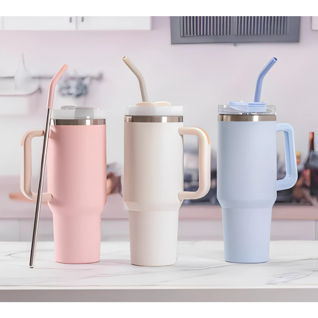 Copo Térmico Grande 1200ML Com Alça Com Canudo Em Metal Garrafa Em Aço Inoxidável