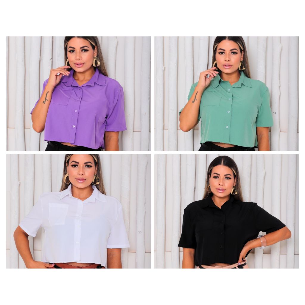 Camisa Feminina Cropped Manga Curta com Botões Frontais - Casual e Elegante