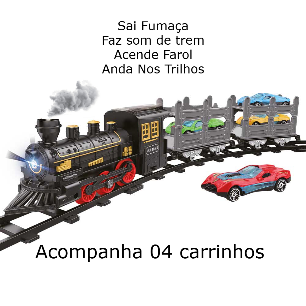 Trem Locomotiva Trenzinho Cargueiro Anda Trilhos Sai Fumaça Farol Sons