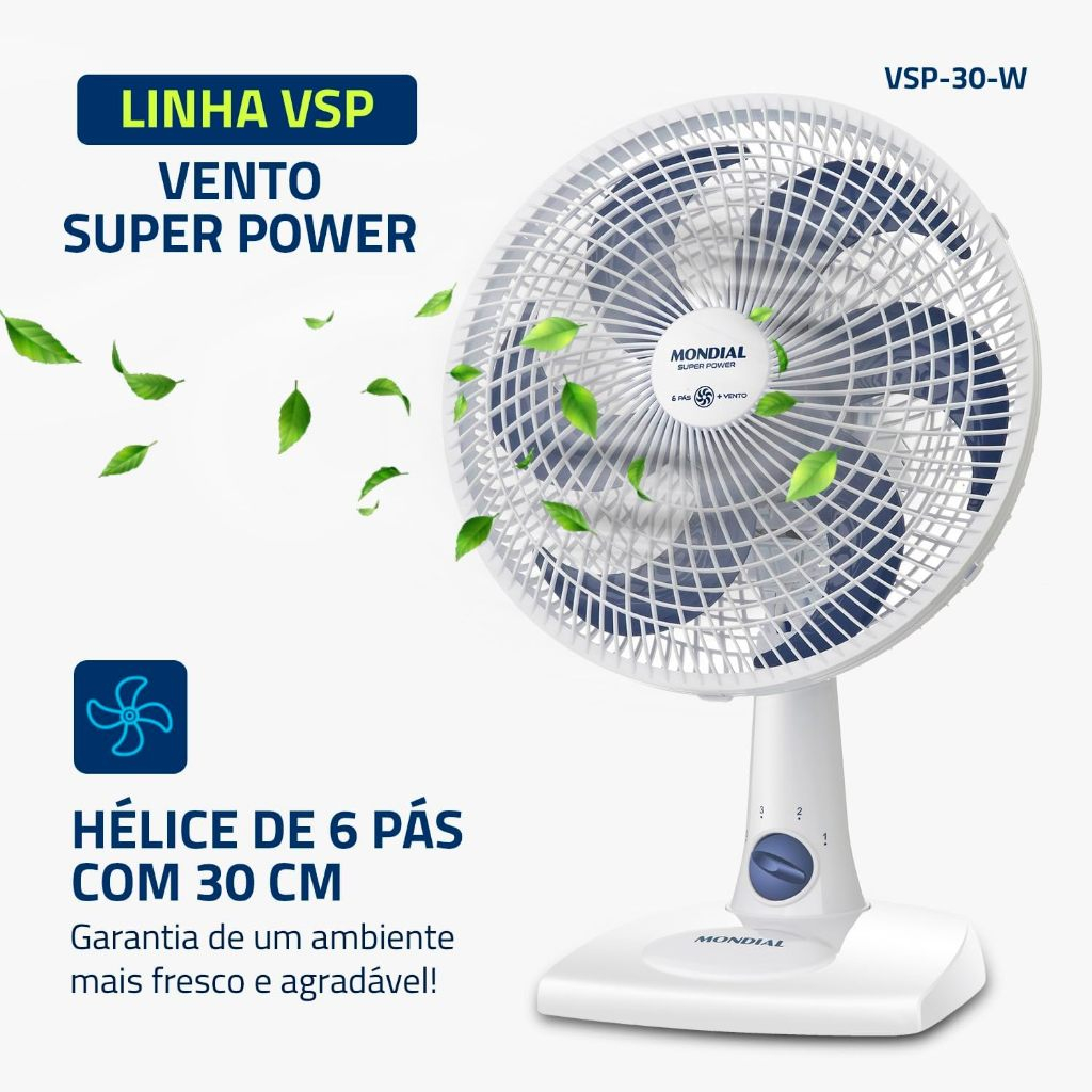 Ventilador Turbo de Mesa Mondial 30Cm Super Power 6 Pás Oscilante VSP-30-W Silencioso Branco