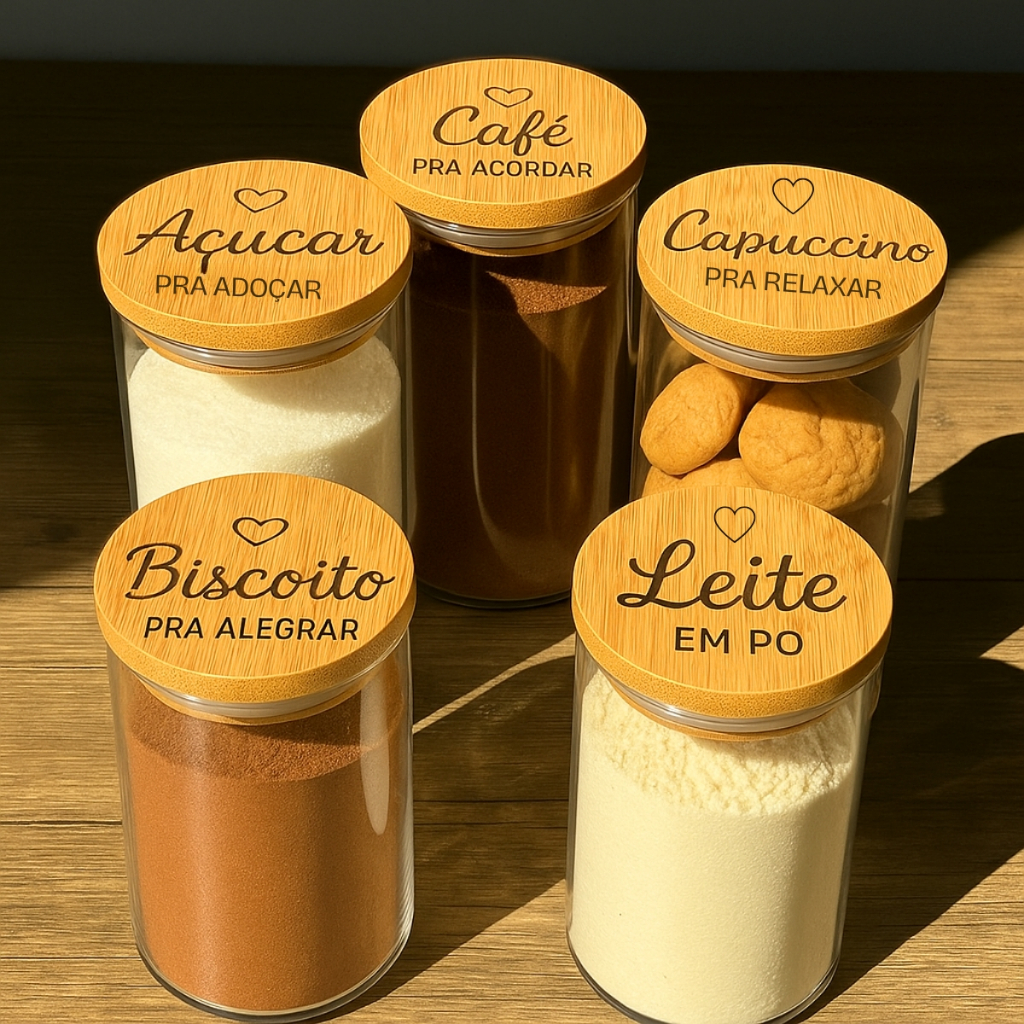 Kit 5 Potes Hermético Vidro Café Açúcar Biscoito Leite em Pó Cappucino 450ml Cantinho do C...