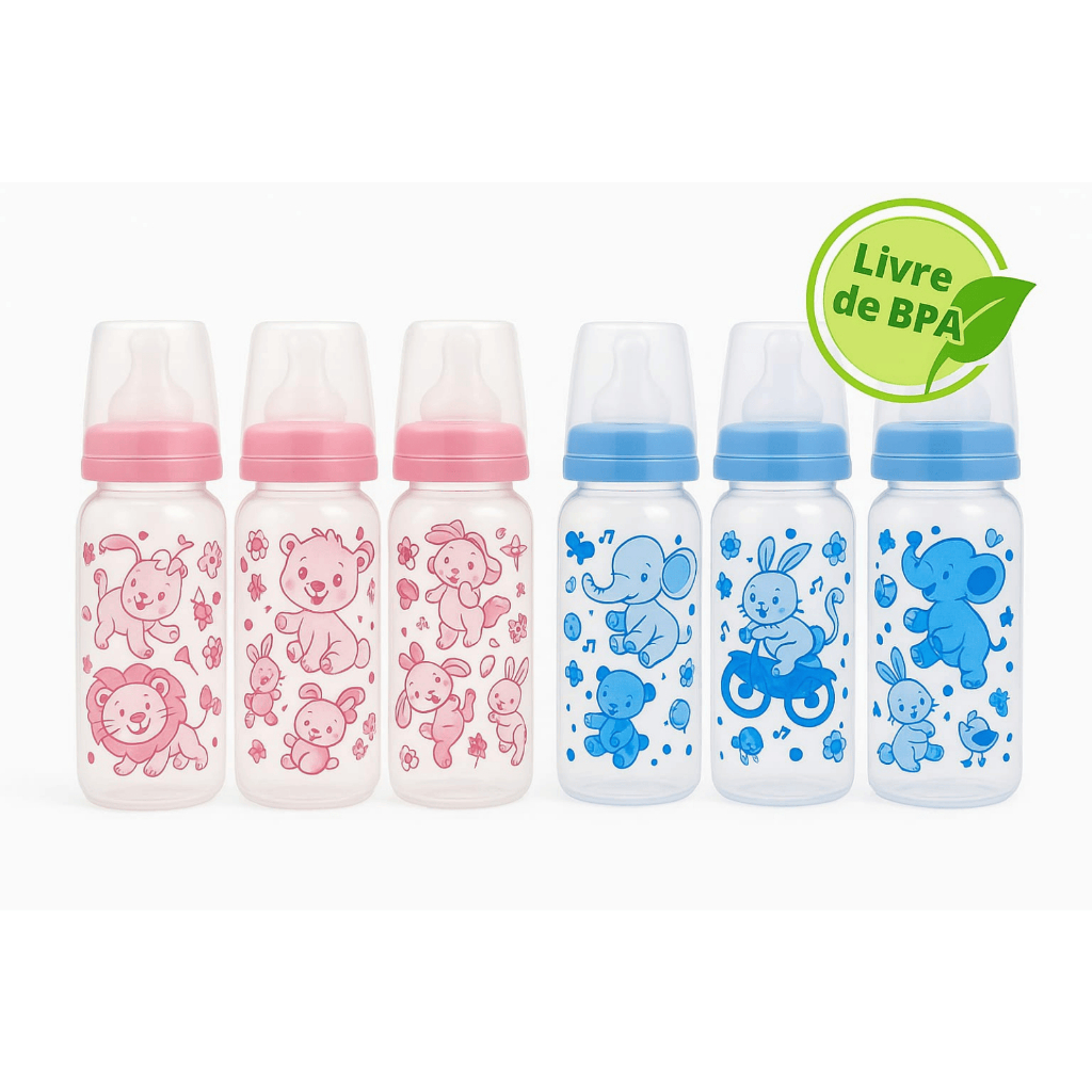 Mamadeira 240ml c/ Estampa | Bico Silicone Redondo | 3 Rosa + 3 Azul | Kit c/ 6 un.