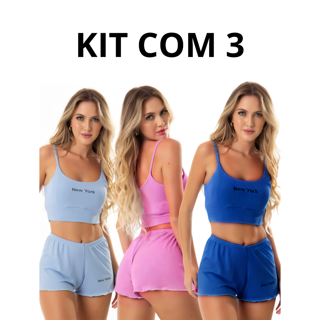 Kit 3 Pijama Baby Doll Feminino Conjunto Short Cropped Alcinha Canelado Verão Primavera Conforto Dia a Dia Moda Noite