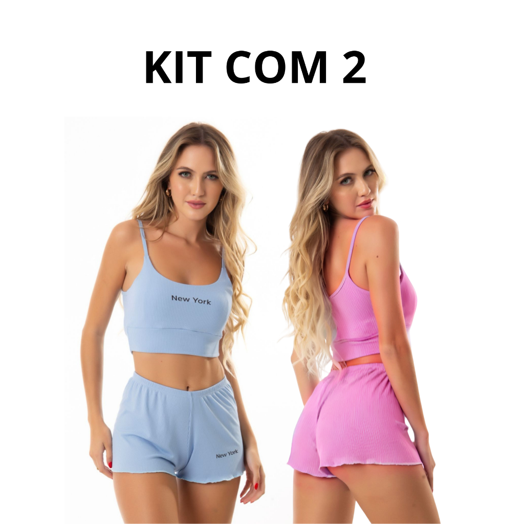 Kit 2 Pijama Baby Doll Feminino Conjunto Short Cropped Alcinha Canelado Verão Primavera Conforto Dia a Dia Moda Noite