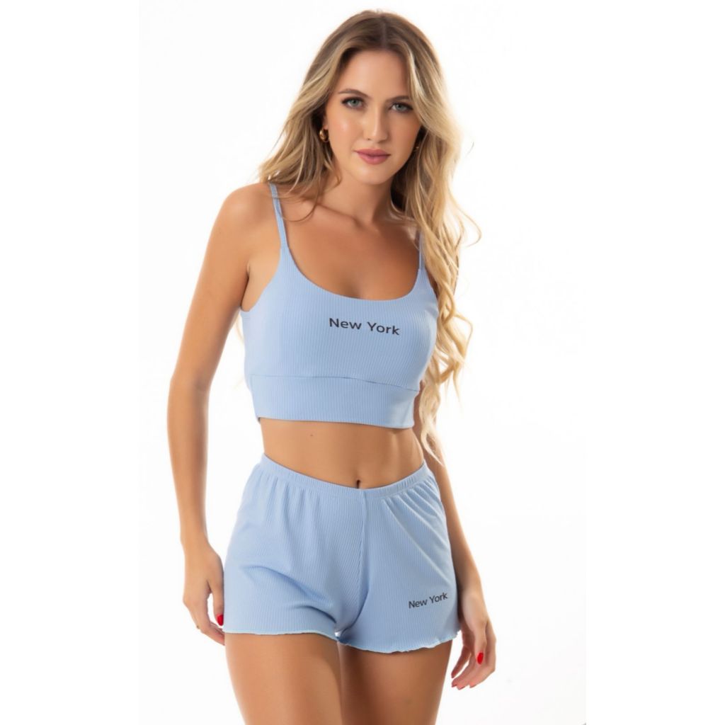Pijama Baby Doll Feminino Conjunto Short Cropped Alcinha Canelado Verão Primavera Conforto Dia a Dia Moda Noite