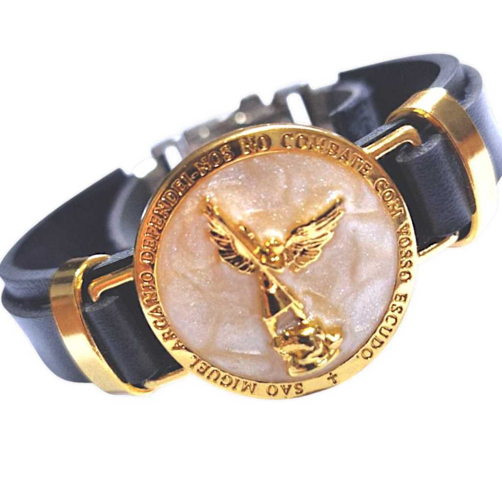 Pulseira Bracelete Ajustável Couro São Miguel Arcanjo Madreperola em Oferta na Shopee