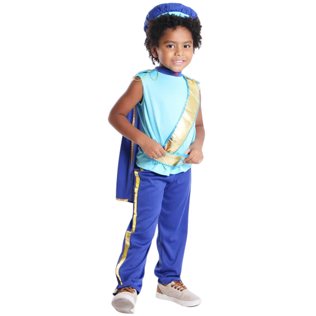 CONJUNTO INFANTIL PEQUENO PRINCIPE FANTASIA PARA FESTA ANIVERSÁRIO MENINO AZUL ROYAL COM CAPA BOINA