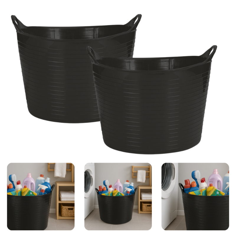 Kit Com 2 Cestos Balde Flexível 42 Litros Com Alças Guardar Brinquedos Roupas Sujas Lavanderia Preto