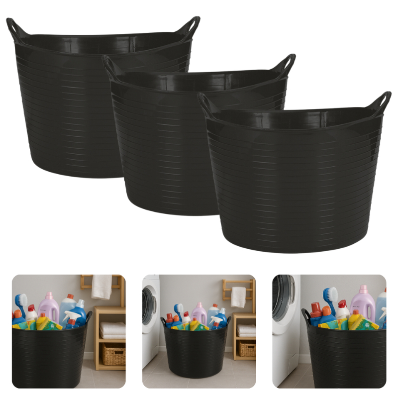 Kit Com 3 Cestos Balde Flexível 42 Litros Com Alças Guardar Brinquedos Roupas Sujas Lavanderia Preto