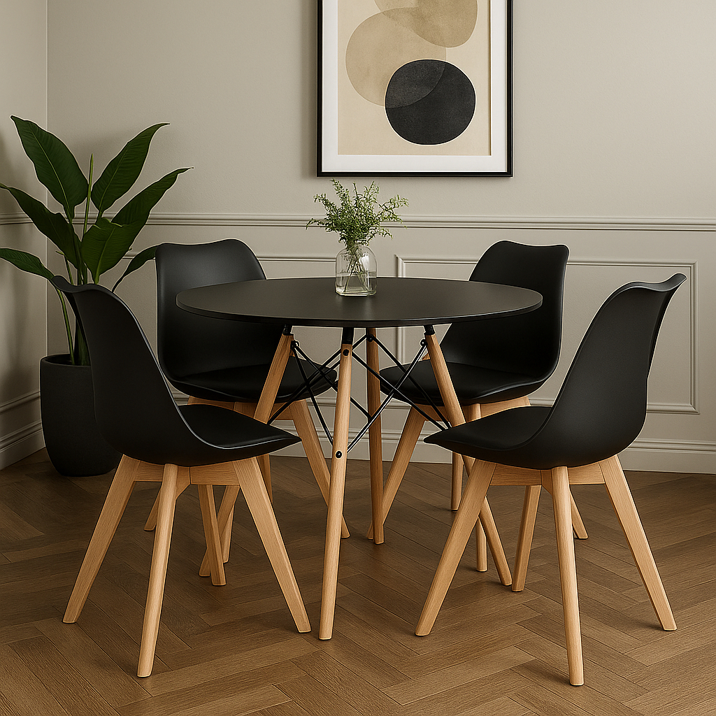 Conjunto Sala de Jantar Mesa Eames 90cm + 4 Cadeiras Saarinen Wood Cores