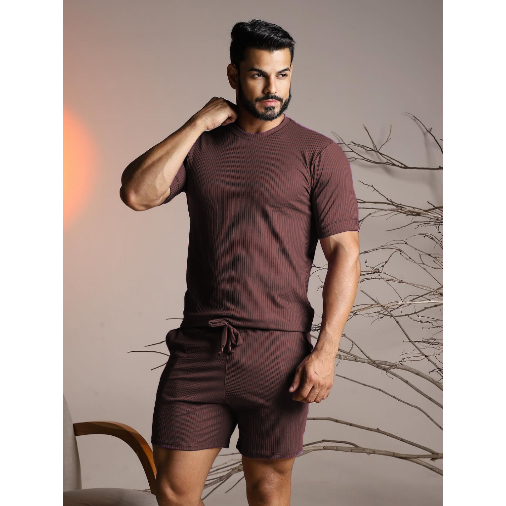 Conjunto Masculino Verão Elegante Short Bermuda Mauricinho + Camiseta Ribana Canelada Homem Moderno em Oferta na Shopee