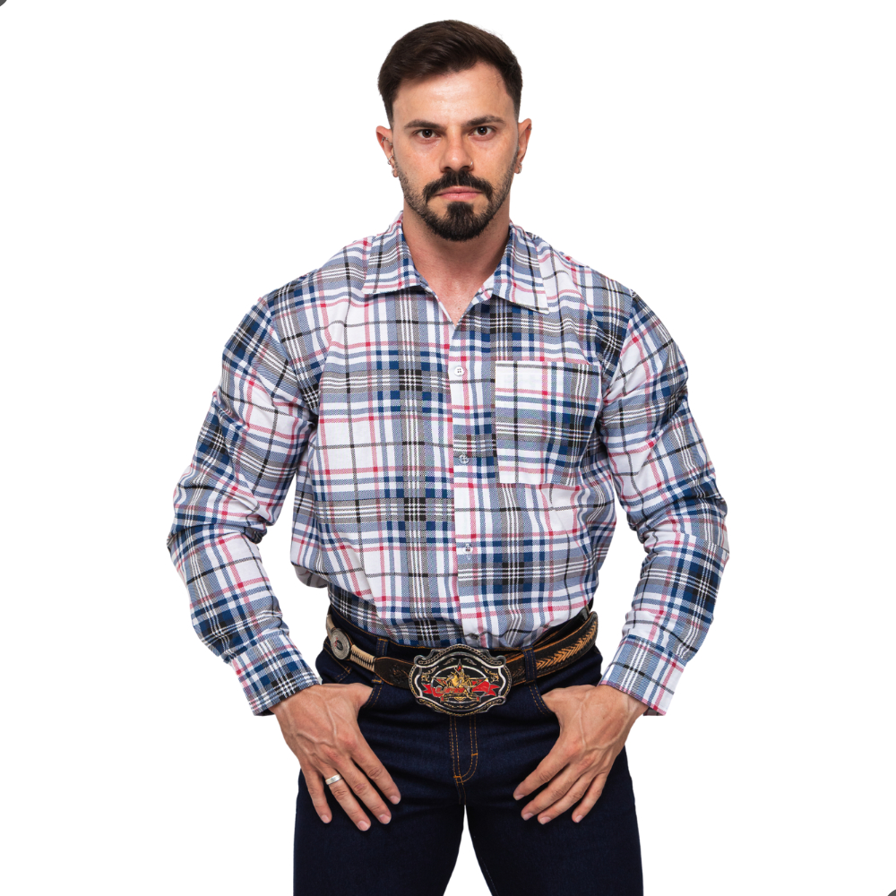 Camisa Xadrez Masculina Algodão Manga Longa Cowboy Rodeio