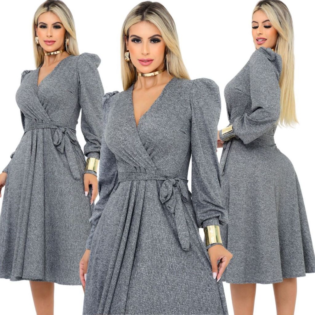 Vestido Midi Festa Cinza | Manga Longa Canelado | Elegante e Sofisticado | Saia Rodada com Cinto | Moda Feminina em Oferta na Shopee