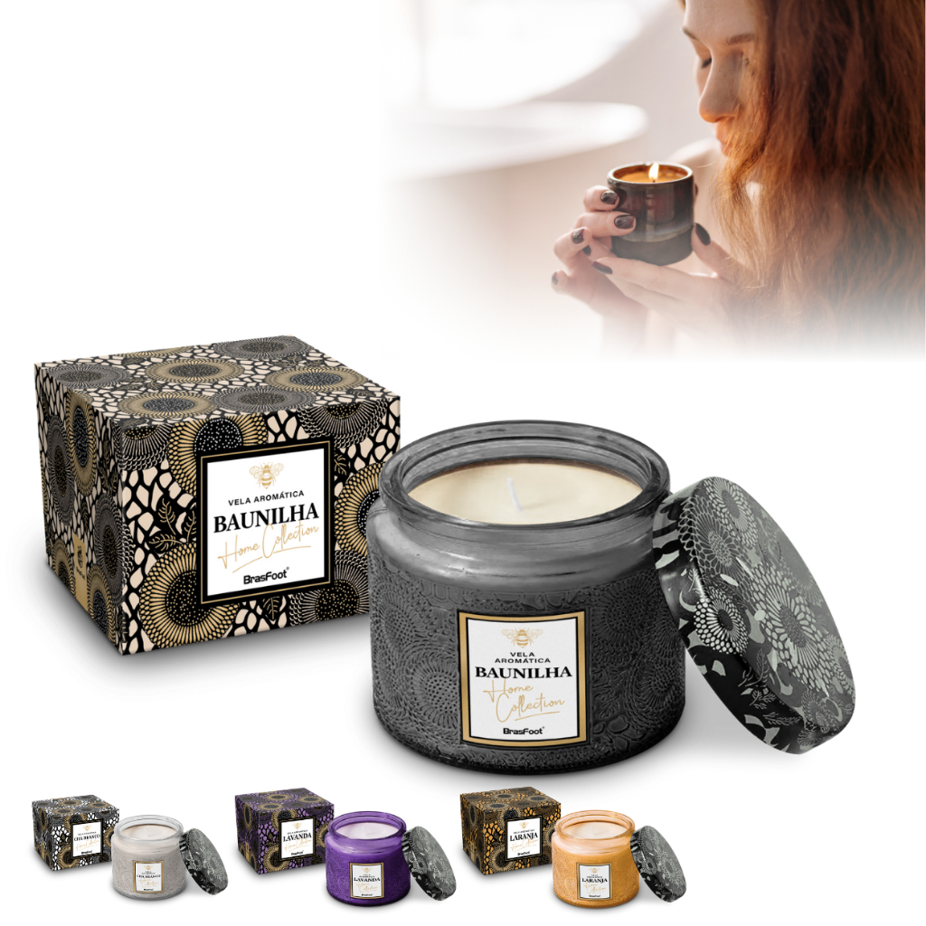 Vela Aromática Perfumada Grande 233g Baunilha Vanilla Laranja Chá branco Lavanda