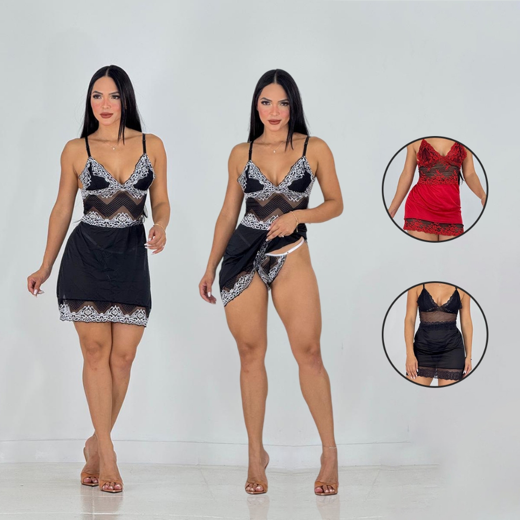 Camisola Sexy Com Calcinha Renda Lingerie Alcinha Sensual Pijama Feminino
