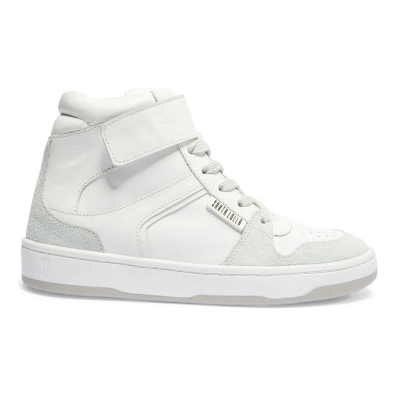 Tênis Feminino Casual Santa Lolla Couro Cinza Branco Cano Médio Cano longo Velcro Prático Confortável Moda Blogueira