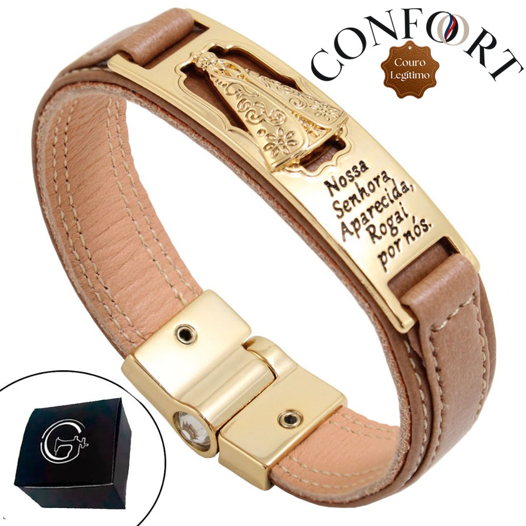 Pulseira Feminina Semijoia em Couro Nossa Senhora Religiosa Proteção Contra o Mal - VÁRIOS MODELOS