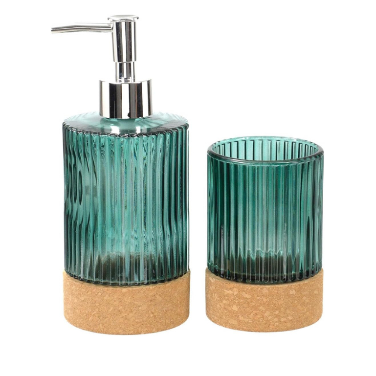 Kit Banheiro Lavabo 2 Peças Vidro Verde 430ml Dispenser Porta Sabonete Líquido Porta Escov...