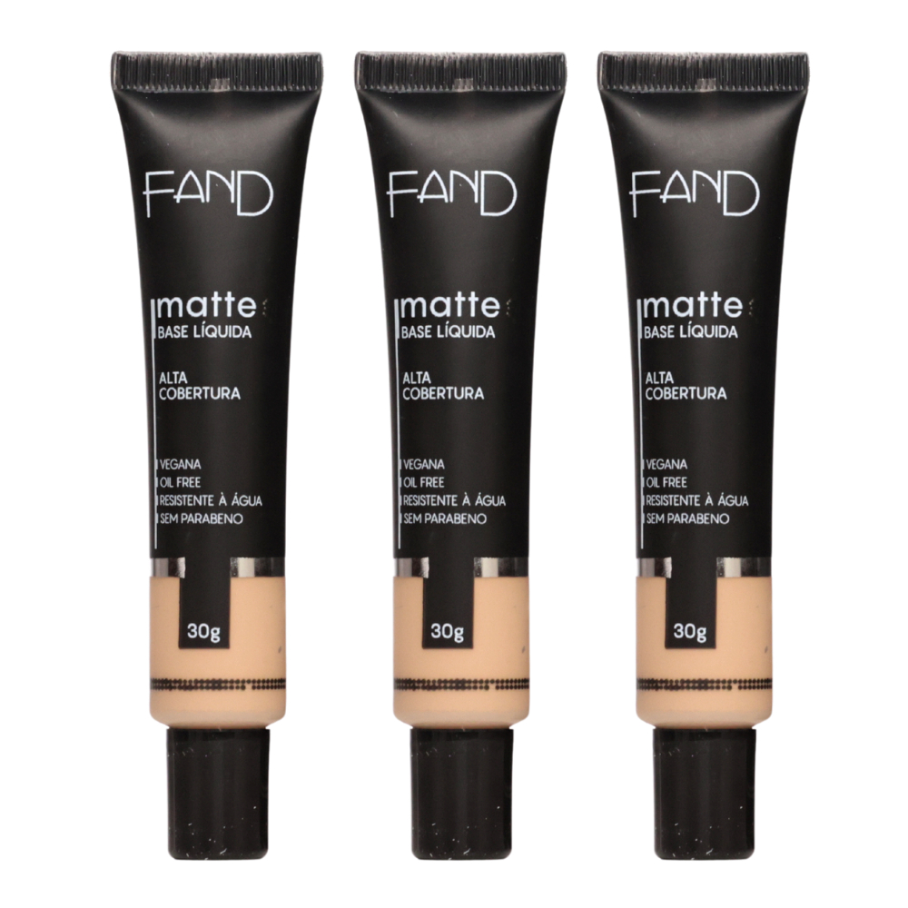 Kit 3 Unidades Base Líquida Fand Cosméticos 30ML Acabamento Matte Alta Cobertura em Oferta na Shopee
