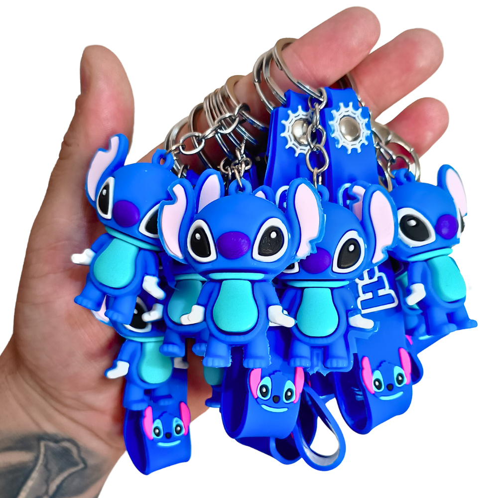 Kit 2, 3,10 ou 12 Chaveiros 3D Lilo Stitch Pingente Emborrachado Lembrancinha Aniversário Brinde Atacado Barato Moto