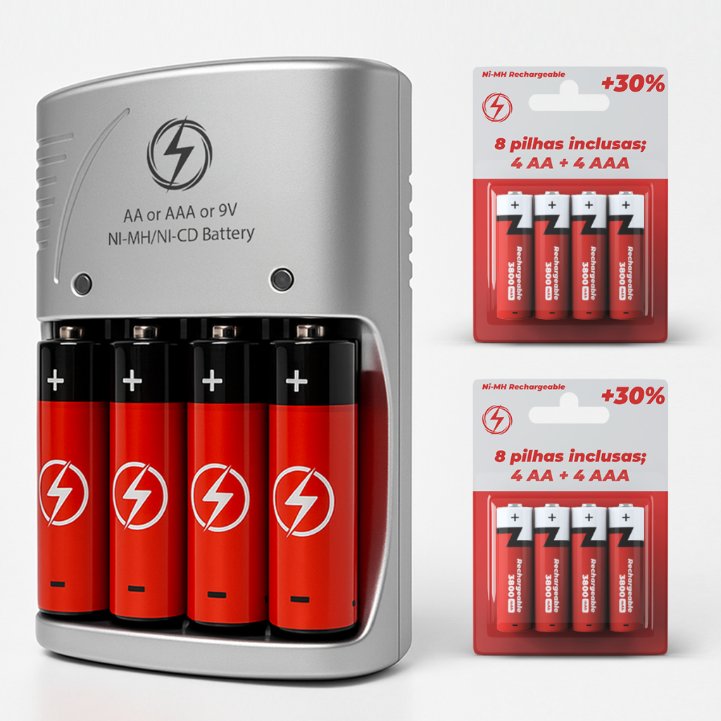 Carregador de Pilhas Recarregáveis Kit + 8 Baterias AA/AAA/Bateria 9V