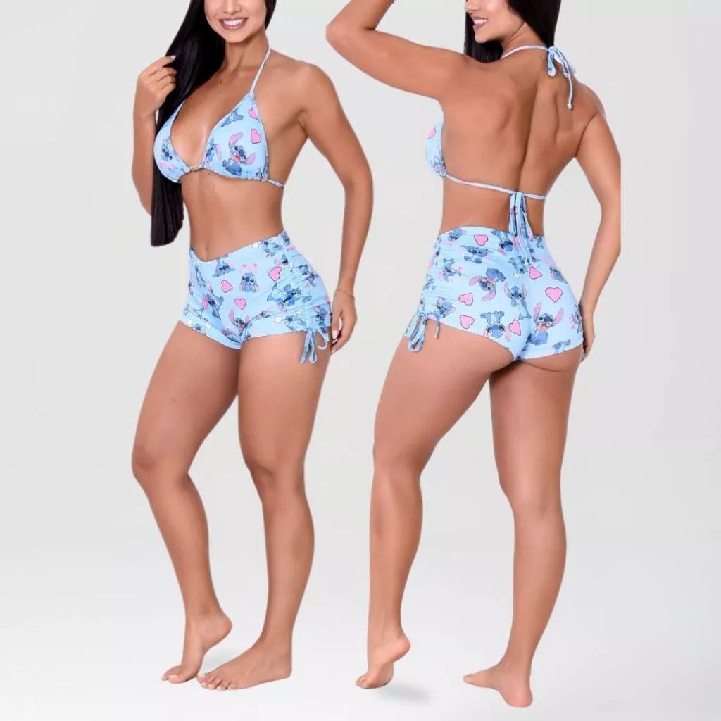 Conjunto Stitch Short Bíquini Com Bojo Sunkini Curtininha Piscina com Ajustes nas Laterais Amarrar Forrado Moda Praia — imagem 1