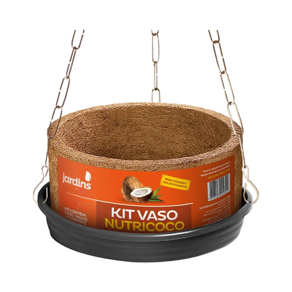 Kit Vaso de Fibra de Coco Grande com Prato e Corrente Samambaias Orquideas Plantas Xaxim Nutricoco