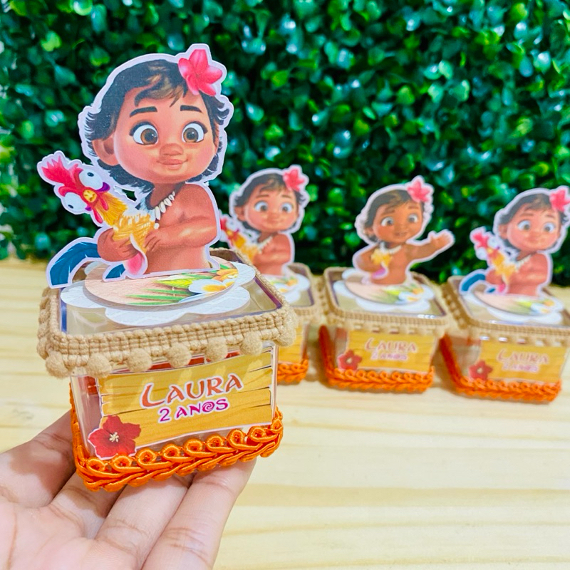 Kit 10 Caixas Acrílica 5x5 Moana Baby Laranja Lembrancinha Personalizada Luxo | Festa Infantil
