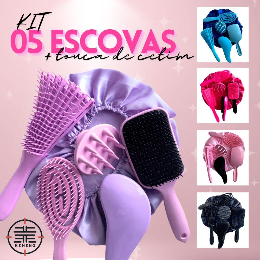 Kit 05 Escova Flex com Raquete Fashion Escova Mágica Massageador de Silicone e Touca de Ce...