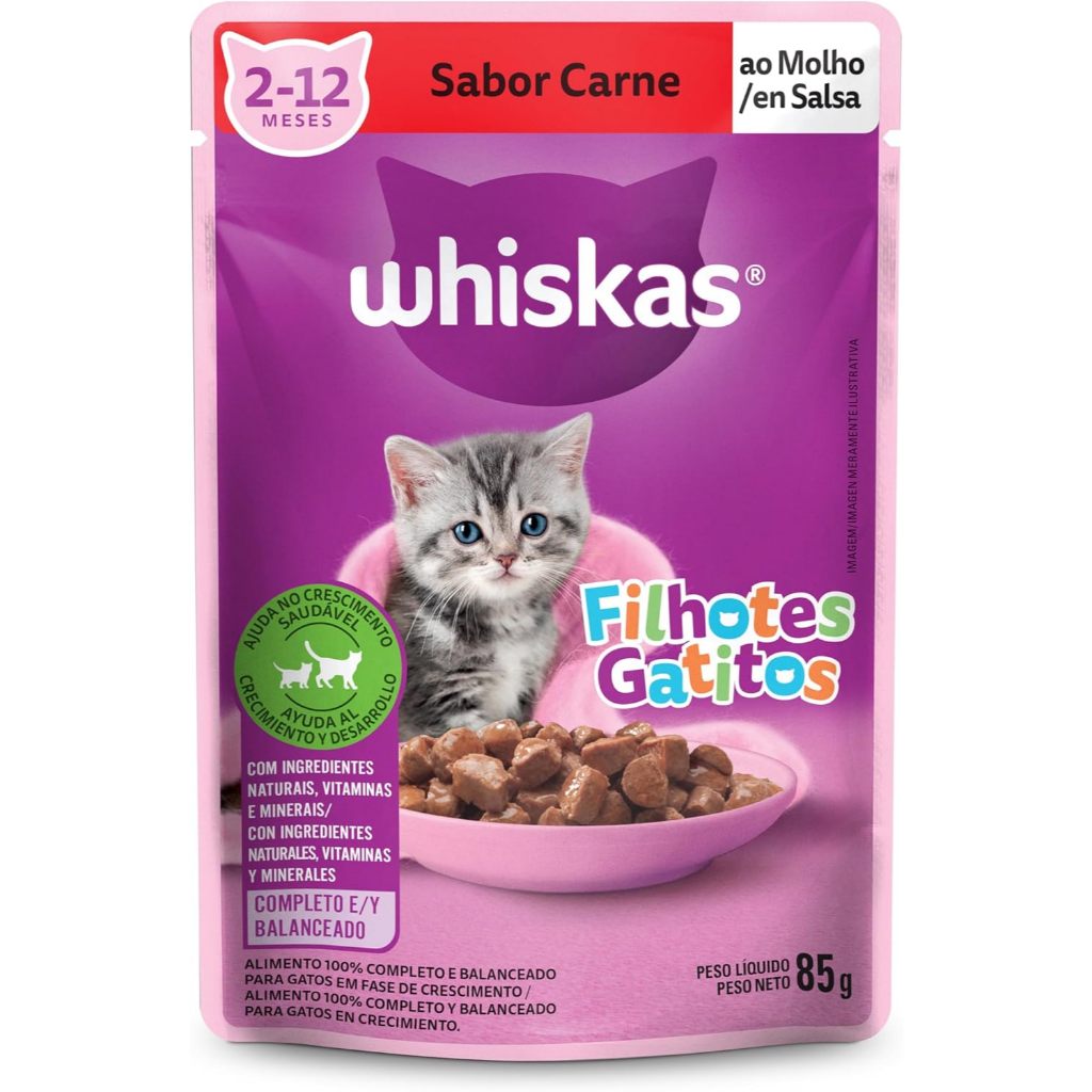 5/10/20 Sachês Ração Úmida Whiskas para Gatos Filhotes 85 g - CARNE/FRANGO