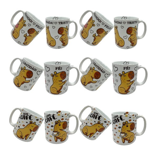 Kit 6 Canecas de Porcelana 300ml - Decoração de Capivaras Fofinhas - Gratidão - Fé - Café - Humor em Oferta na Shopee