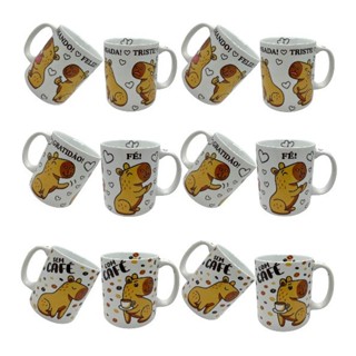 Kit 6 Canecas de Porcelana 300ml - Decoração de Capivaras Fofinhas - Gratidão - Fé - Café - Humor em Oferta na Shopee