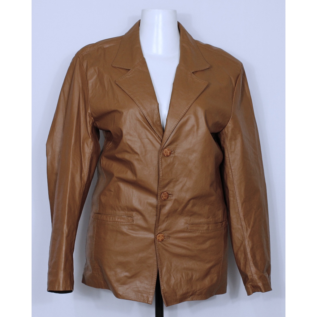 Jaqueta de couro legítimo masculino blazer alongado marrom caramelo - Veste M/G - Ref. 3931 (brechó)