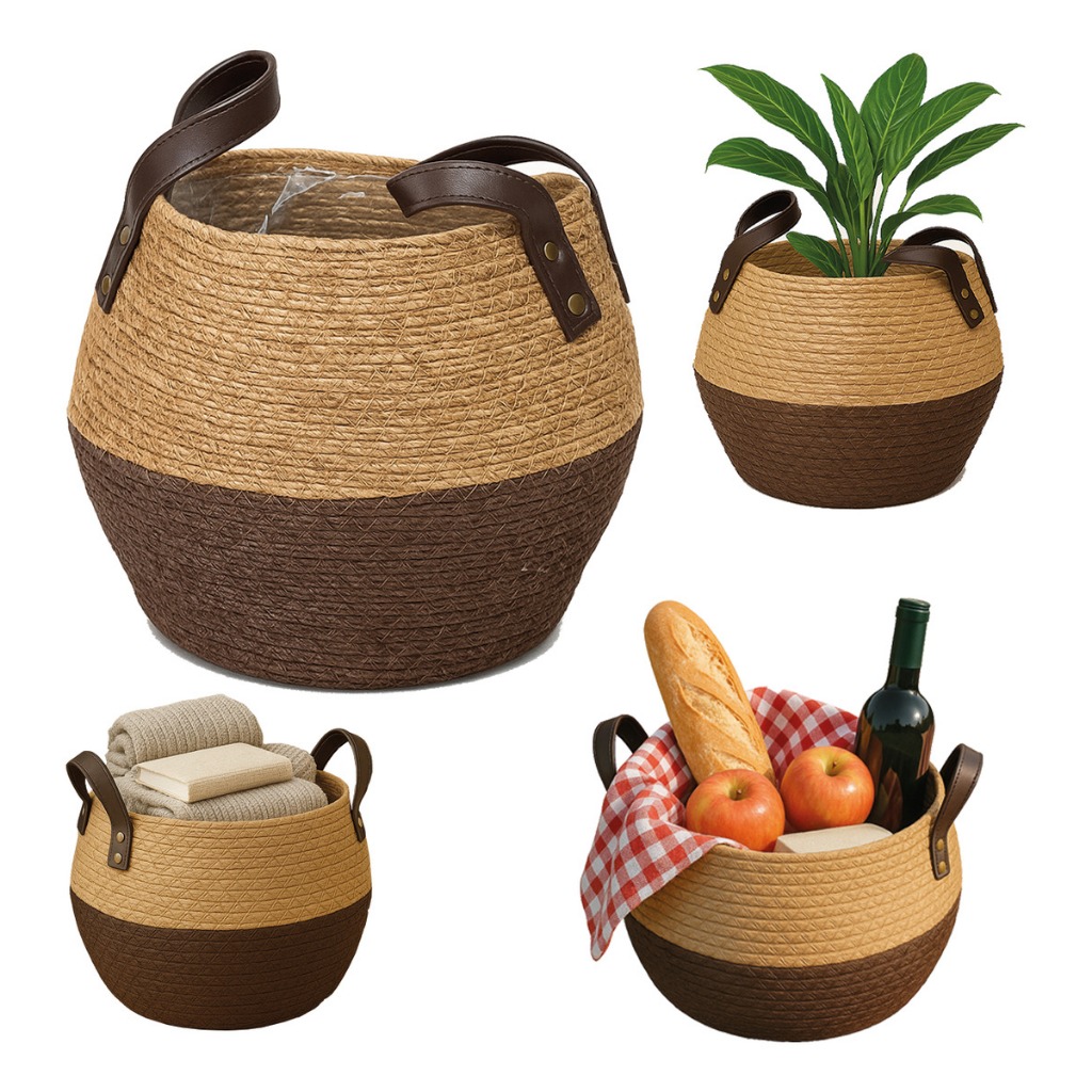 Cesto Decorativo de Algas Marinhas com Alça de Couro Cachepô Rústico Boho Artesanal Multiuso