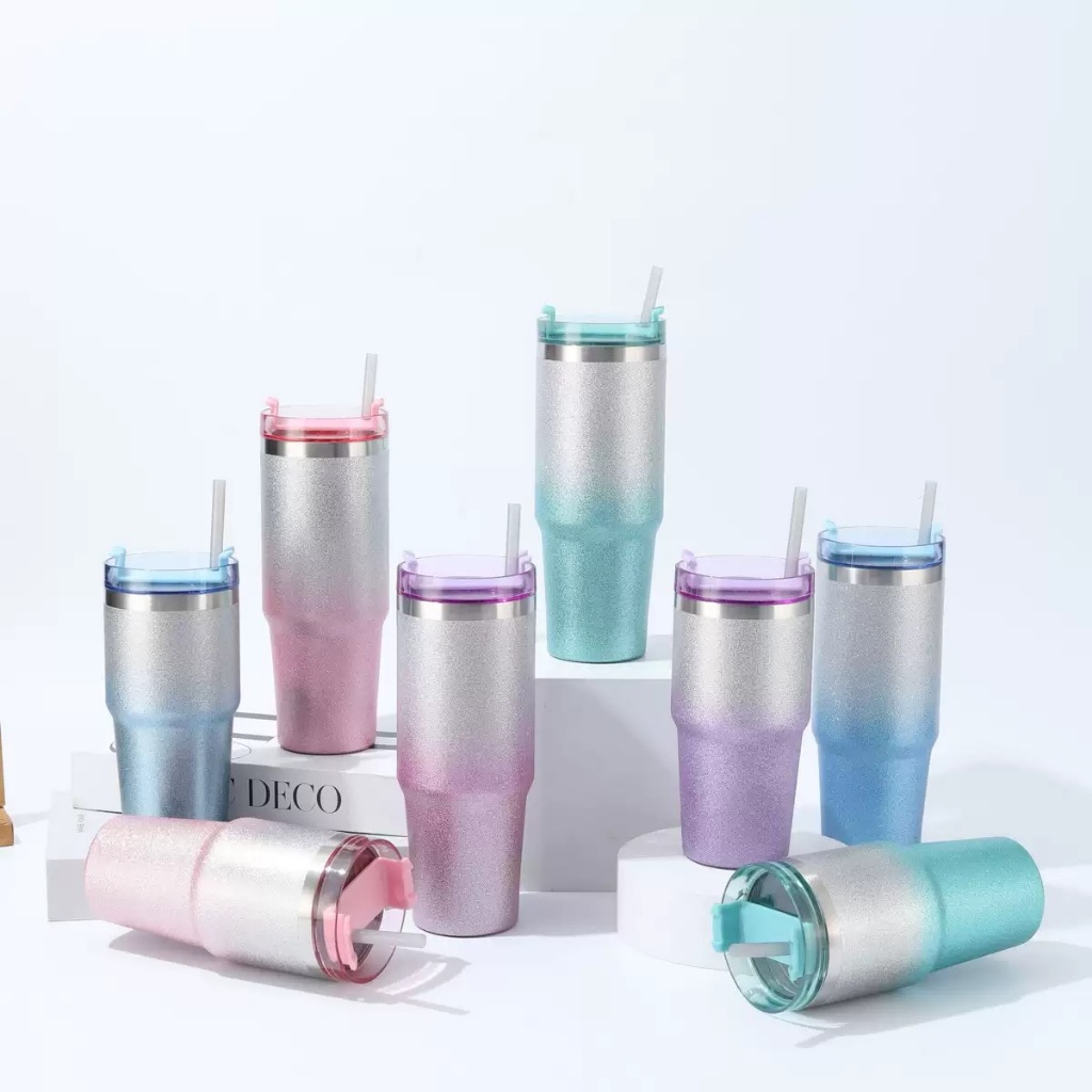 Copo de Aço inoxidável  Glitter Brilho Dupla Camada 900ml Canudo Tampa em Oferta na Shopee