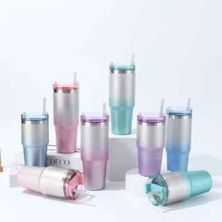 Copo de Aço inoxidável  Glitter Brilho Dupla Camada 900ml Canudo Tampa em Oferta na Shopee