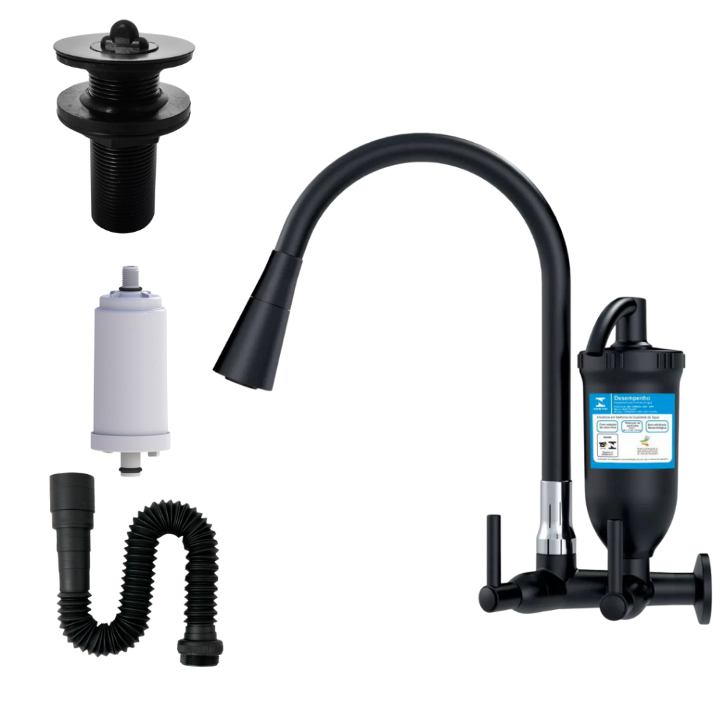 Torneira Cozinha Filtro parede Flexível Preta Gourmet Luxo + Sifão + Vela + Valvula