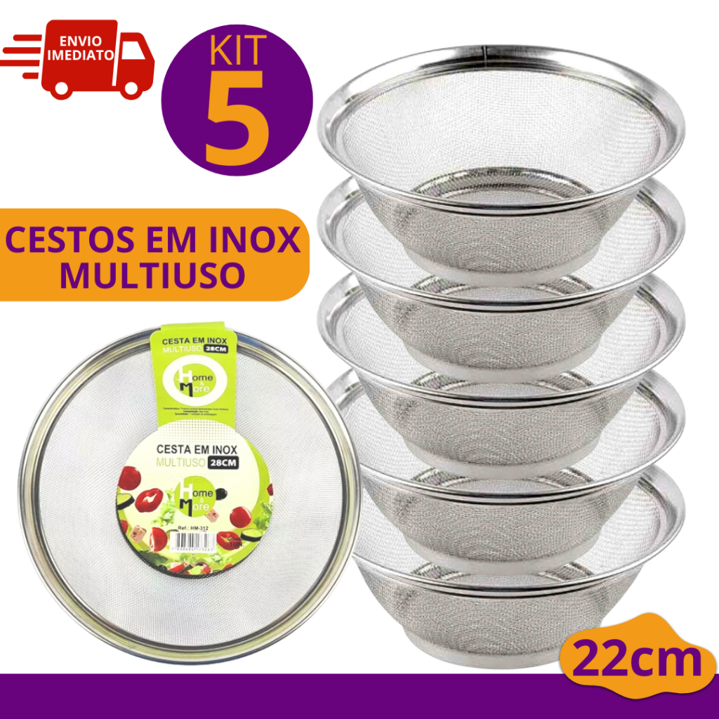 Jogo 5 Cestos em Inox Multiuso 22cm Cesta Escorredor de Arroz Macarrão e Legumes ao Vapor Porta Ovos